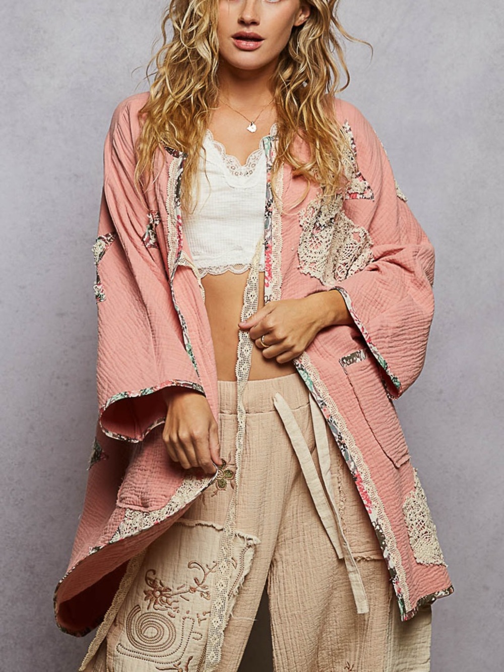 NWT POL Bohemian Dusty Pink Crochet Star Patch Kimono S M L